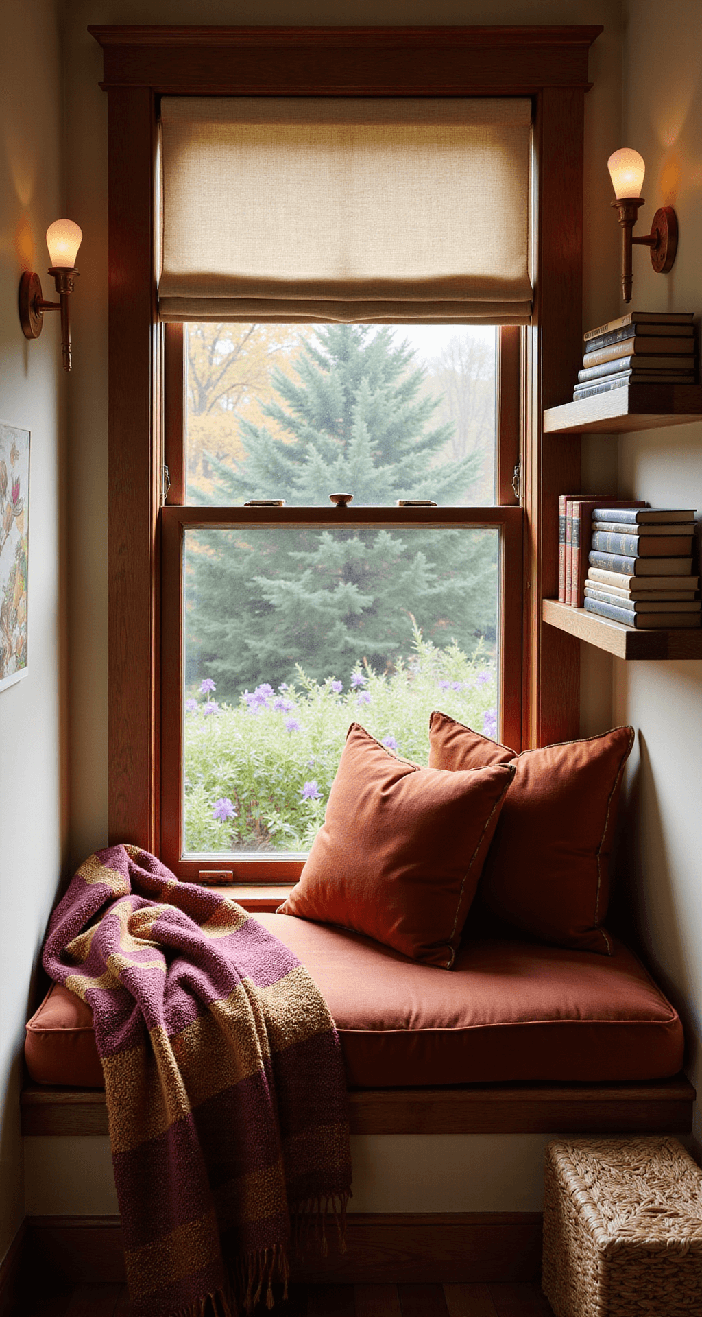 Cozy reading nook in an 8'x10' alcove adorned with autumn colors; features a window seat with rust-colored velvet cushions, a view of a nerine flower bed, warm copper wall sconces, and vintage botanical books on floating shelves, complemented by a handwoven throw in deep burgundy and gold, all captured in warm, inviting light.