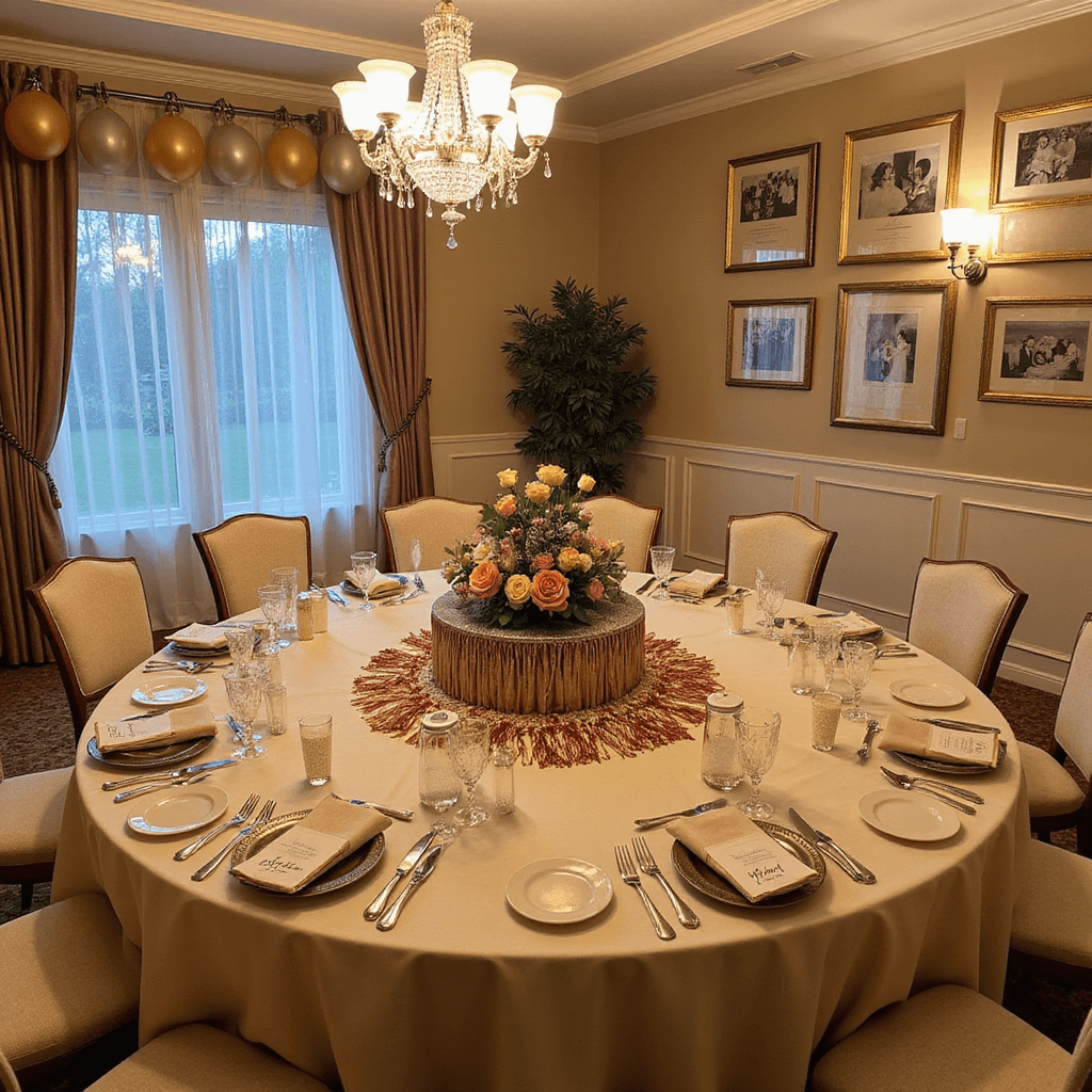 Elegant dining room set for an anniversary celebration, featuring a round table with champagne-colored linens, a tiered tassel garland centerpiece, personalized wooden slice name cards, and bio-glitter favors, illuminated by a crystal chandelier and warm ambient lighting.