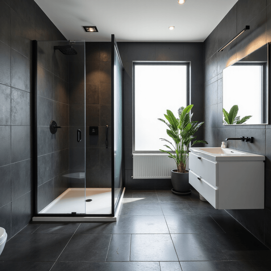 A modern minimalist bathroom featuring matte black porcelain tiles, a floating white vanity, and a sleek black-framed shower enclosure, illuminated by morning light through a frosted window, with a large mirror, chrome fixtures, and a potted snake plant.