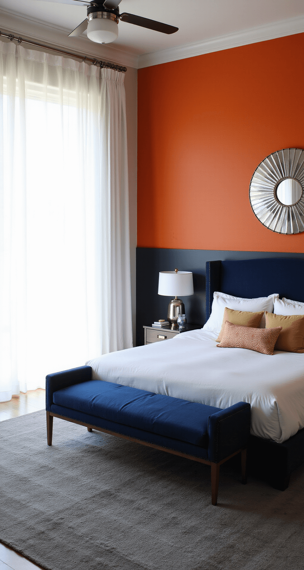 Sophisticated master suite featuring orange and navy color blocking, with afternoon light filtering through sheer white curtains, a navy upholstered bed against an orange wall, chrome and glass accessories, and a plush grey area rug, captured from an elevated angle to highlight the color interplay and room layout.