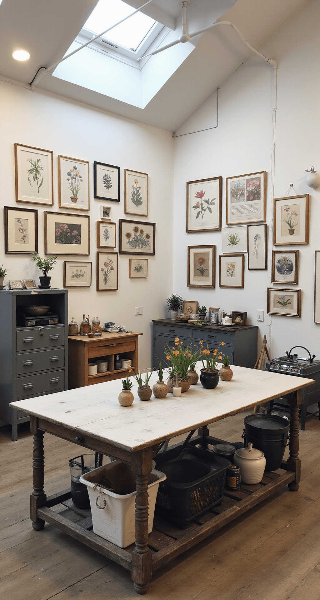A bright artist's studio featuring north-facing clerestory windows, showcasing a gallery wall filled with framed pressed flowers and botanical sketches. A large farmhouse table is at the center, displaying autumn crocus in vintage vessels, surrounded by industrial-style metal storage units for gardening supplies. The elevated angle captures the organized creative workspace, illuminated by soft, consistent north light.