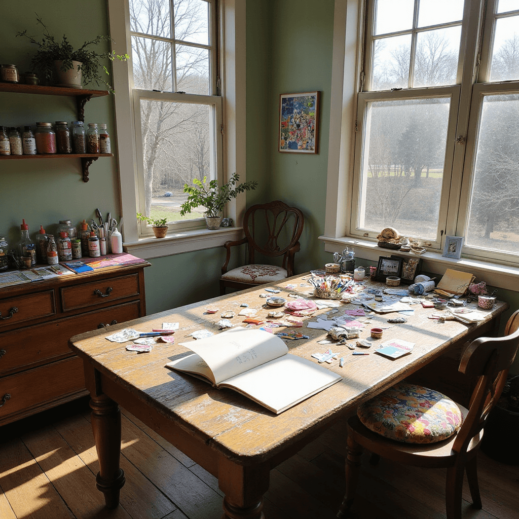 A sunlit craft room with bay windows featuring a weathered oak table covered in colorful paper scraps, markers, and glue sticks, alongside an open drawer of stickers and washi tape. Shelves display jars of glitter and ribbons against soft sage green walls, with a vintage chair at the table. A half-finished birthday card is surrounded by crafting materials, illuminated by natural light casting long shadows.