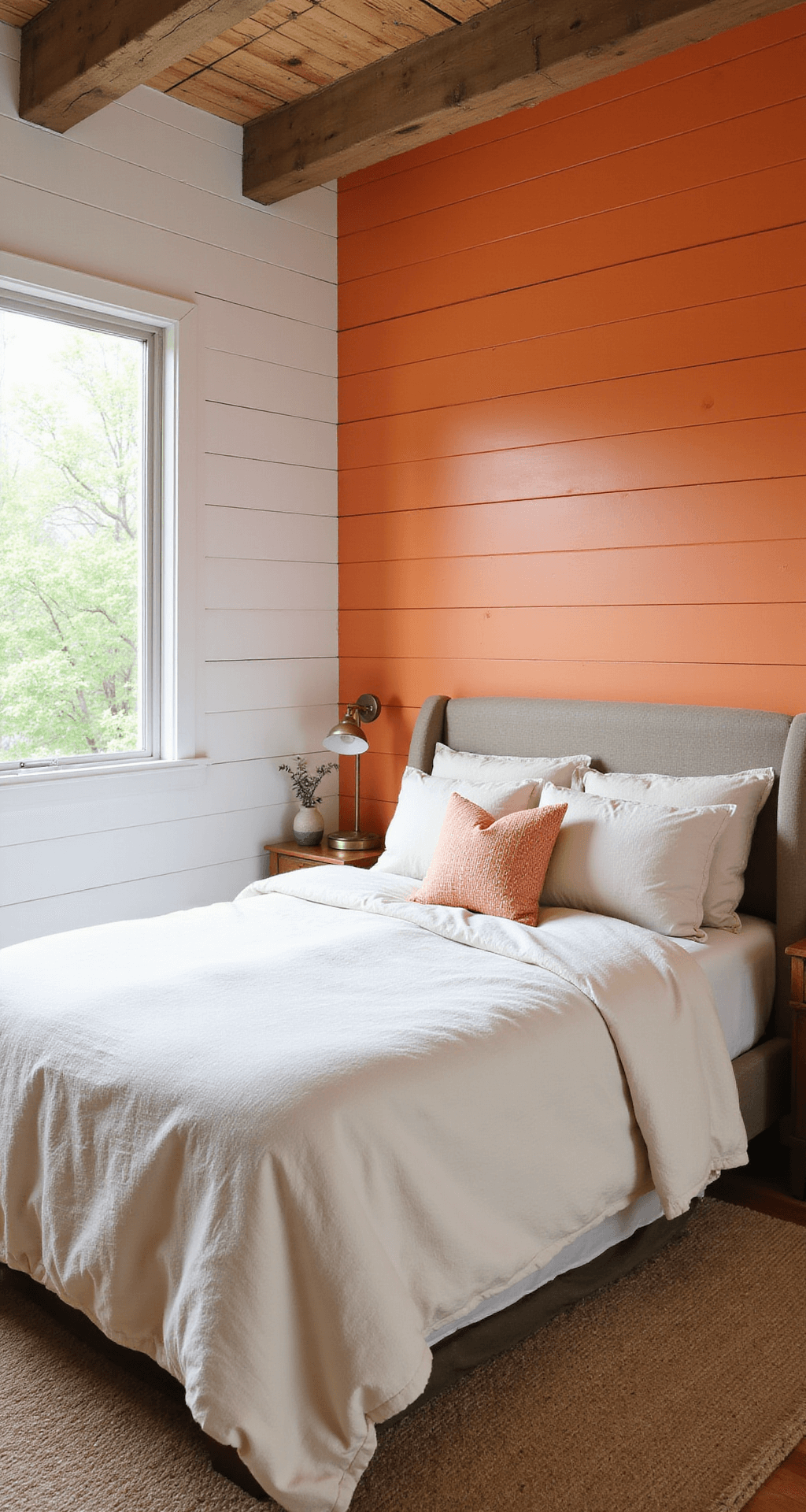 Cozy 13x15ft modern farmhouse bedroom with a single orange accent wall, white shiplap walls, wooden beam ceiling, and cream linen bedding accented with copper and brass details.