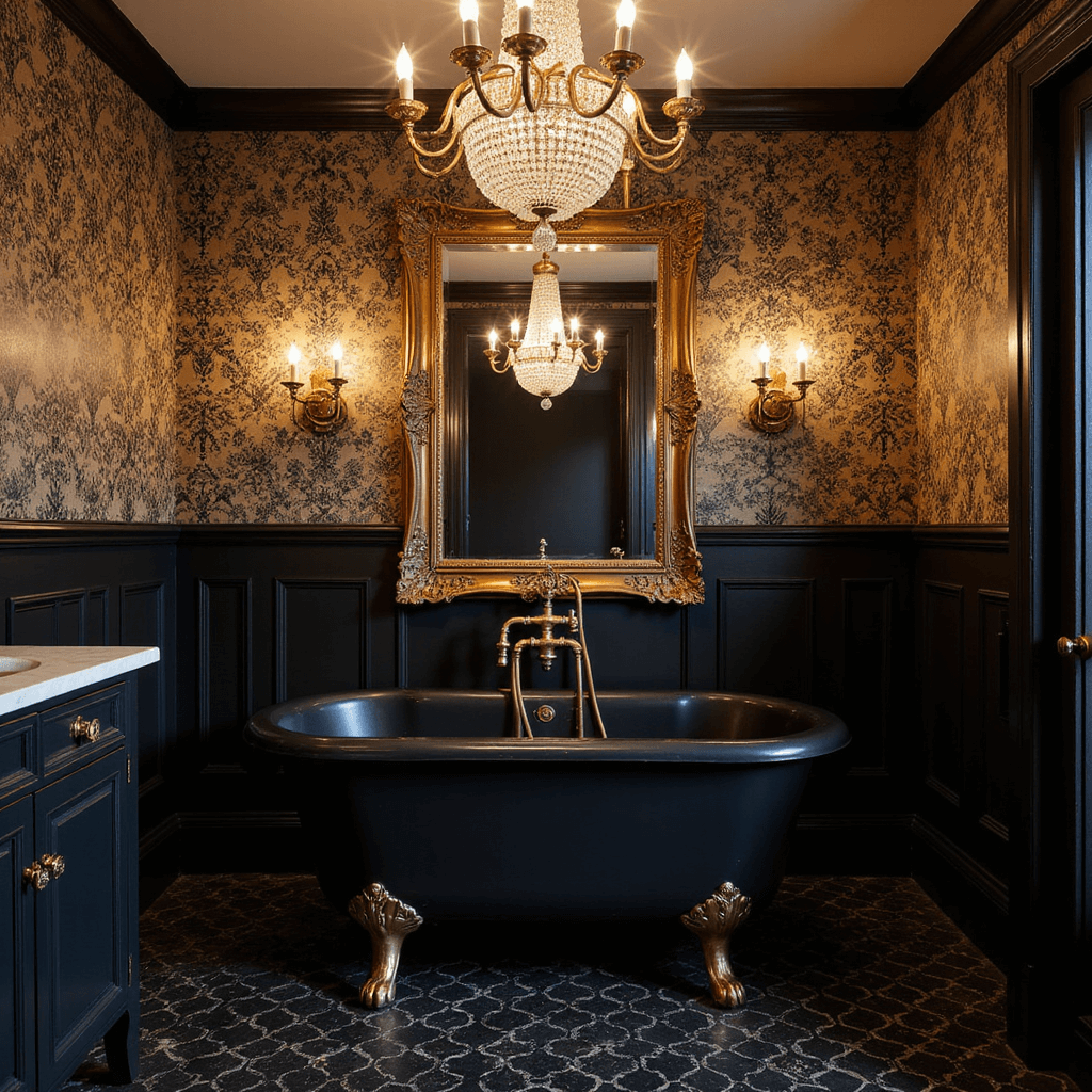 A vintage glamour ensuite bathroom featuring a freestanding black clawfoot tub beneath a crystal chandelier, ornate black and gold wallpaper above black wainscoting, an antique brass faucet, and a gold-framed mirror, all captured during golden hour with warm lighting and a moody atmosphere.