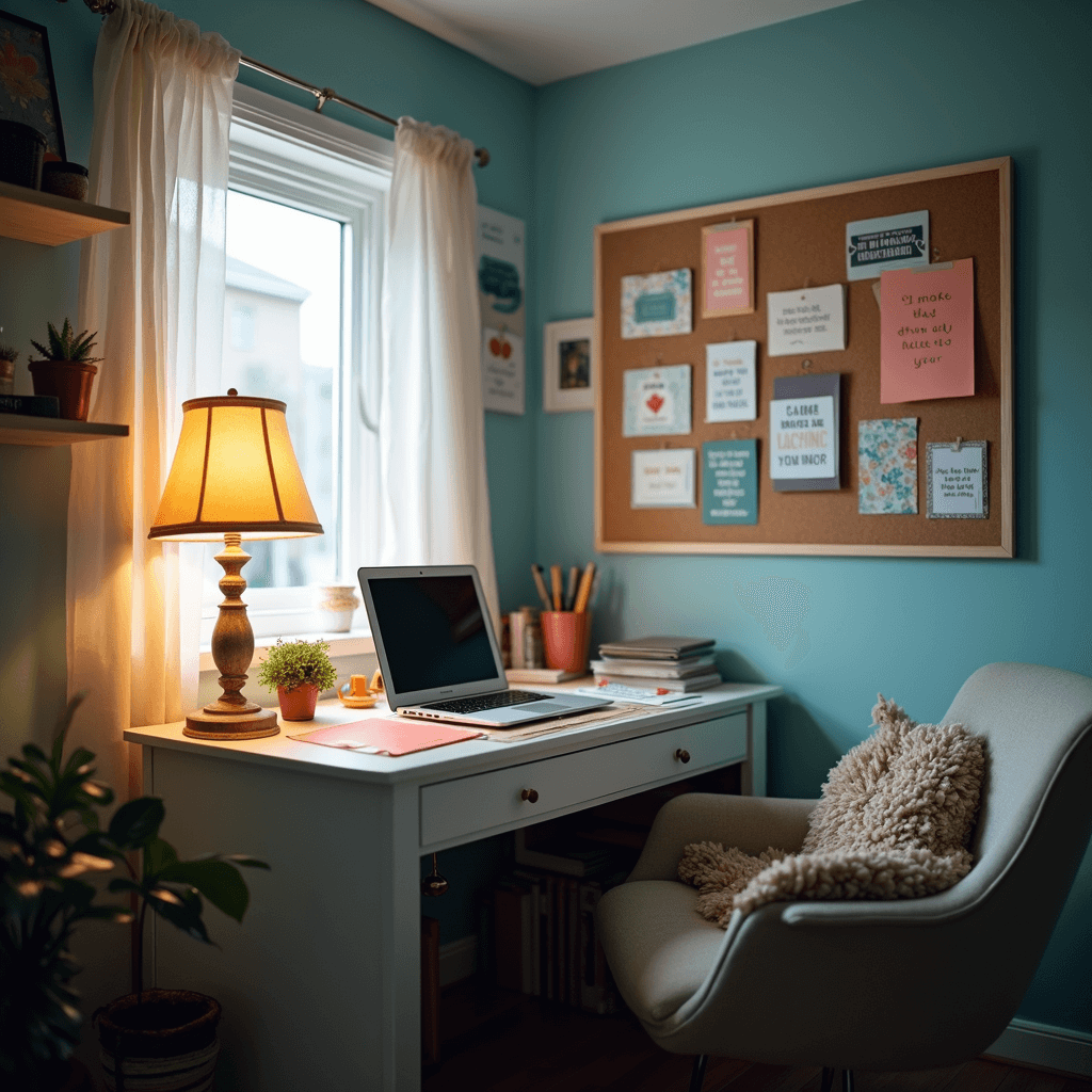 A cozy home office nook with a white desk facing a window, featuring an open laptop, a handmade card in progress, and organized craft supplies. Above, a pinboard showcases colorful card designs against calming light blue walls adorned with framed inspirational quotes. A plush armchair with a throw blanket is in the corner, all bathed in soft, warm lamplight, creating a peaceful and whimsical atmosphere.