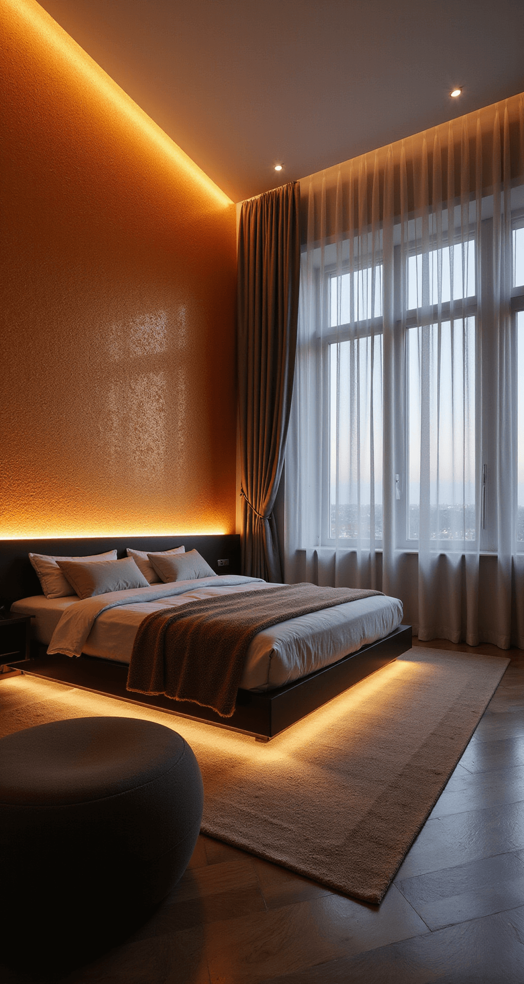 A contemporary bedroom with textured orange wallpaper and subtle metallic patterns, dusk lighting casting dramatic shadows, LED strip lighting behind a floating black metal headboard, stark black metal furniture, and silver silk drapes, captured at a Dutch angle to highlight modern design elements.