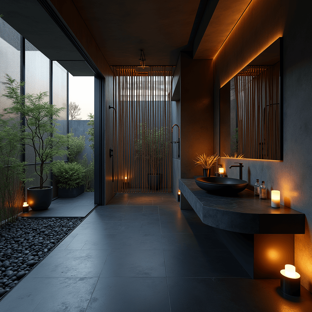 A tranquil master bathroom at dusk featuring black slate flooring, a walk-in shower with bamboo screens, a floating black stone vanity, tall potted bamboo plants, and a matte black Japanese soaking tub, all highlighted by soft indirect lighting and a serene atmosphere.
