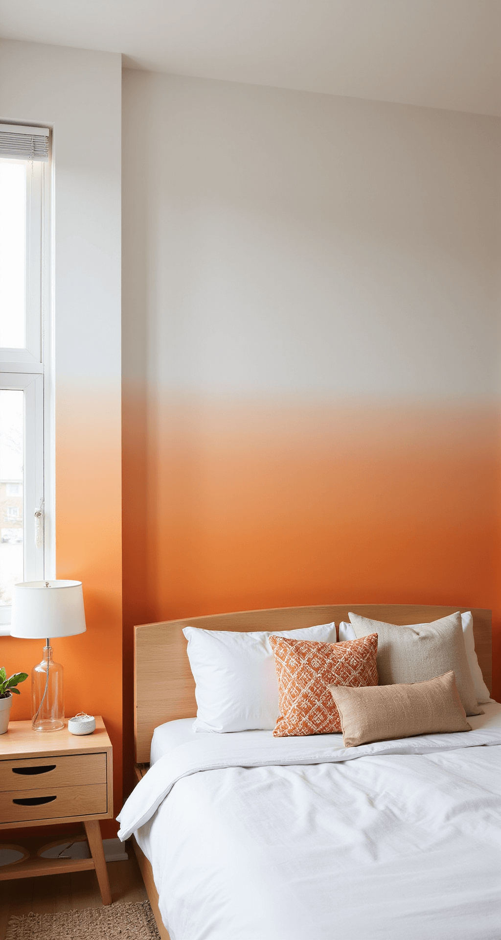 A minimalist bedroom featuring a gradient orange-to-white ombré wall, blonde wood furniture, and white linens. Morning light casts an ethereal glow, while geometric patterns in the throw pillows and area rug enhance the clean aesthetic. The image is captured from a corner with a tilt-shift lens, highlighting the wall treatment and spatial depth.