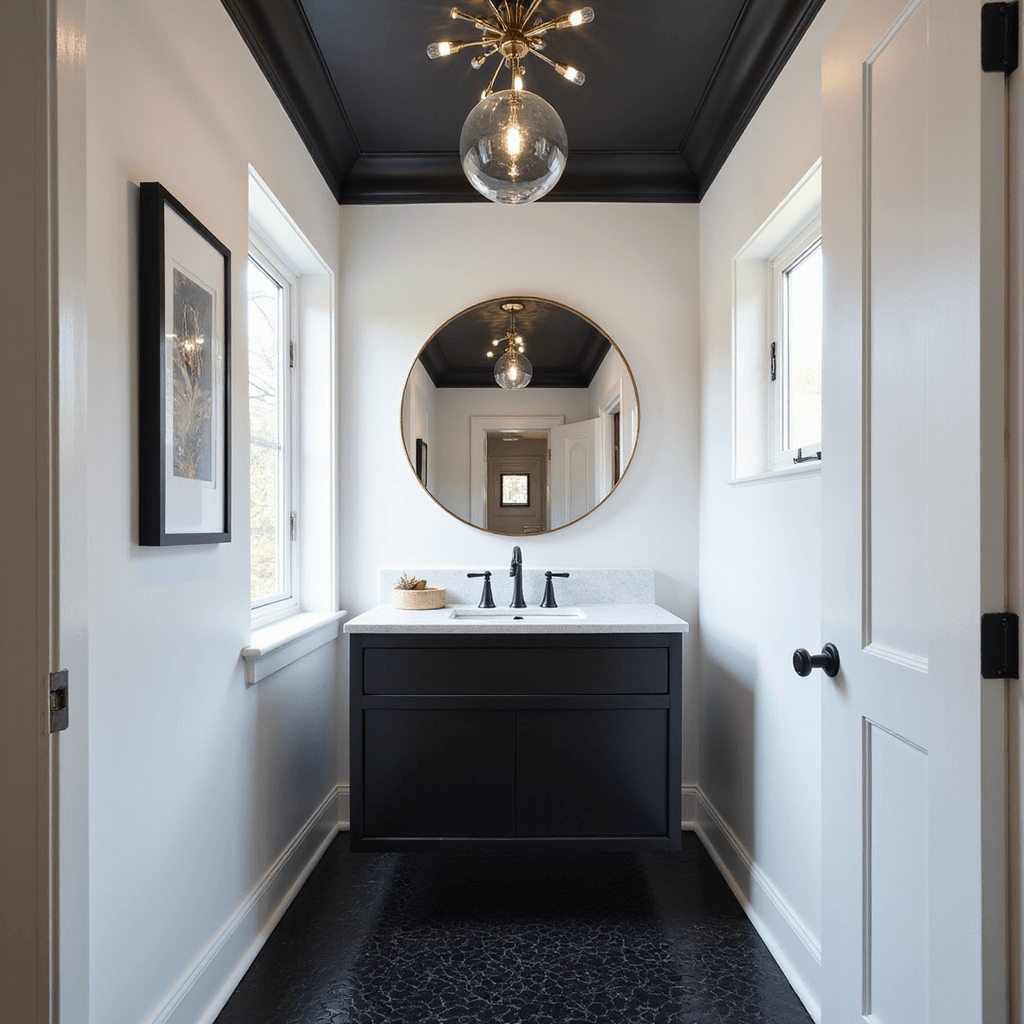 A contemporary black accent powder room featuring a statement black ceiling with a sputnik chandelier, an oversized round mirror, white walls, and dramatic black penny tile floor. The floating black vanity has a waterfall quartz countertop, complemented by matte black faucet and hardware. The vertical lines and afternoon light create crisp shadows, while a glass globe pendant casts interesting light patterns, and black-framed artwork adds personality.