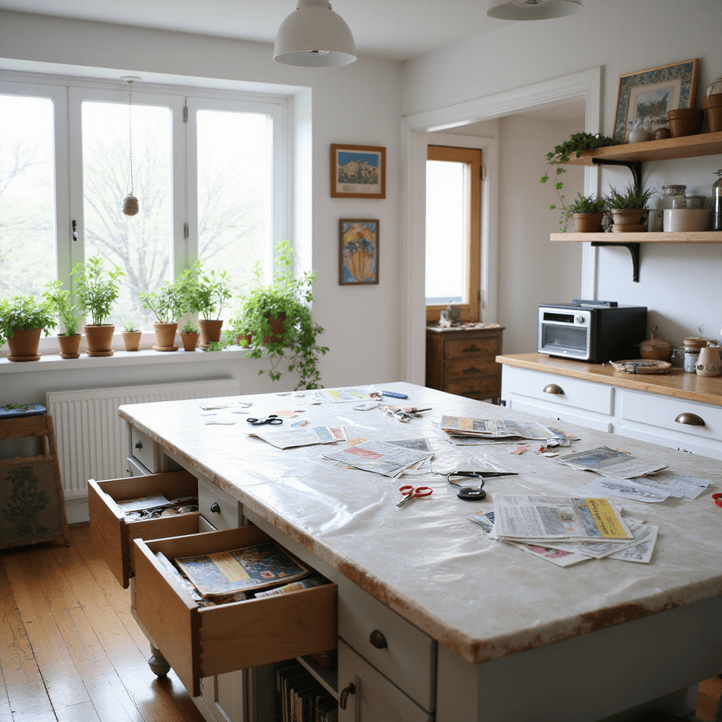 A bright, airy kitchen flooded with morning light, featuring a cleared island counter covered with a protective sheet, scattered magazine clippings, scissors, and patterned papers. Open drawers filled with baking supplies repurposed for crafting, potted herbs on the windowsill, crisp white walls adorned with colorful artwork, and a slightly elevated side view emphasizing the creative workspace in a cheerful, cozy atmosphere.