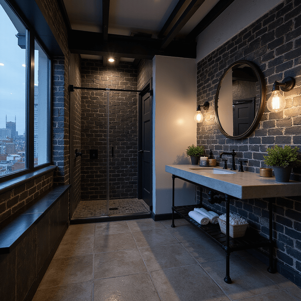 Loft-style industrial luxe bathroom featuring exposed steel beams, black subway tiles, factory windows with city views, and a custom black metal vanity, illuminated by Edison bulb sconces during blue hour.