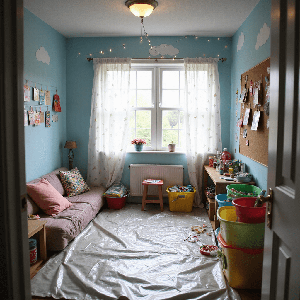 A wide-angle view of a child's craft zone in a 9x11 ft bedroom, filled with colorful craft supplies, a comfy pillow seating area, half-finished cards pinned to a cork board, and star-patterned curtains letting in diffused sunlight. The sky blue walls adorned with cloud murals create a playful atmosphere, enhanced by fairy lights strung across the ceiling.