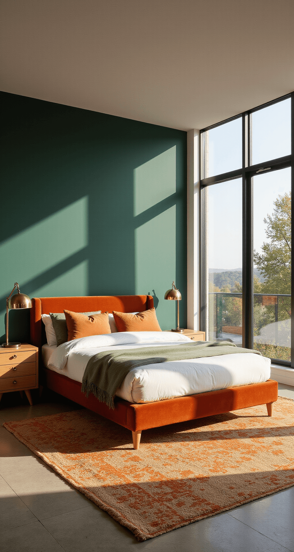 A modern bedroom with an emerald green accent wall, featuring a burnt orange velvet king-size bed with white linens and colorful throw pillows, illuminated by golden afternoon light through large windows; natural wood nightstands with brass lamps accompany layered jute and orange patterned rugs.