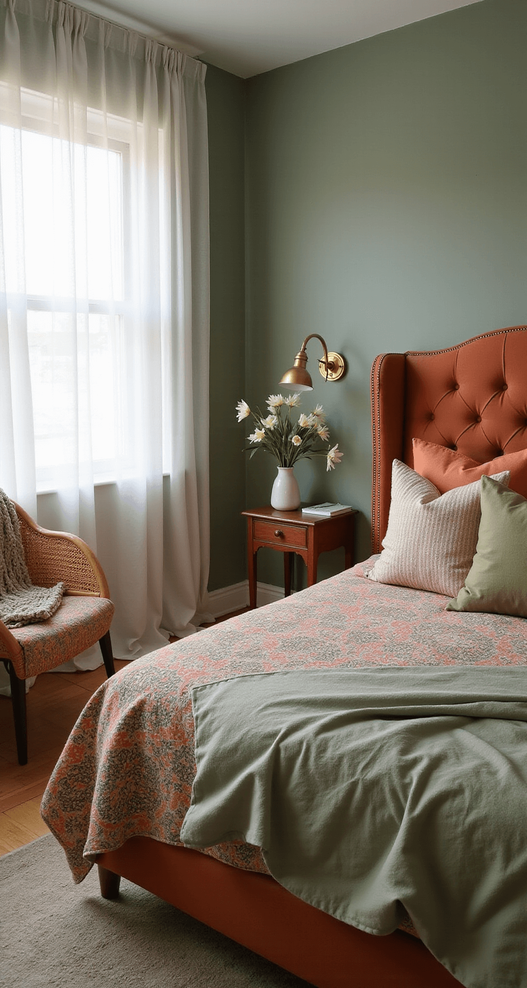 Cozy 12x12ft bedroom at sunrise with soft light, sage green walls, terracotta headboard, vintage brass sconces, mixed-pattern muted orange and green bedding, rattan accent chair with a chunky knit throw, captured from a corner angle.