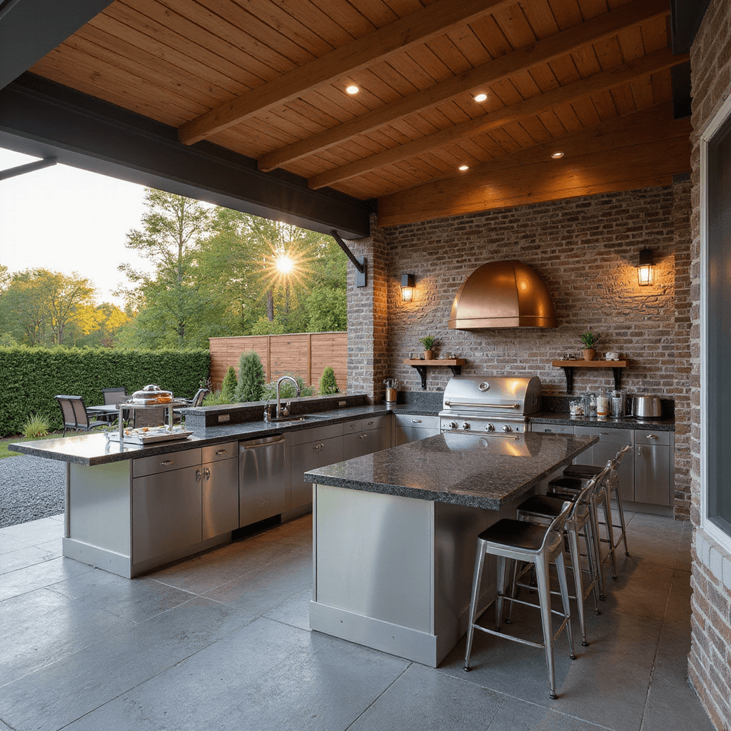Modern outdoor kitchen with sleek stainless steel grill, dark granite countertops, and contemporary bar seating, captured at golden hour with warm lighting and dramatic shadows.