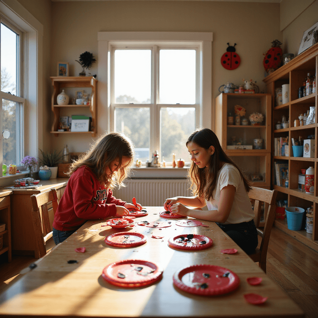 A sunlit craft room featuring a central worktable cluttered with red and black craft supplies, where a child and adult create paper plate ladybugs. Warm wood tones and colorful materials fill the space, illuminated by late morning light streaming through large windows.