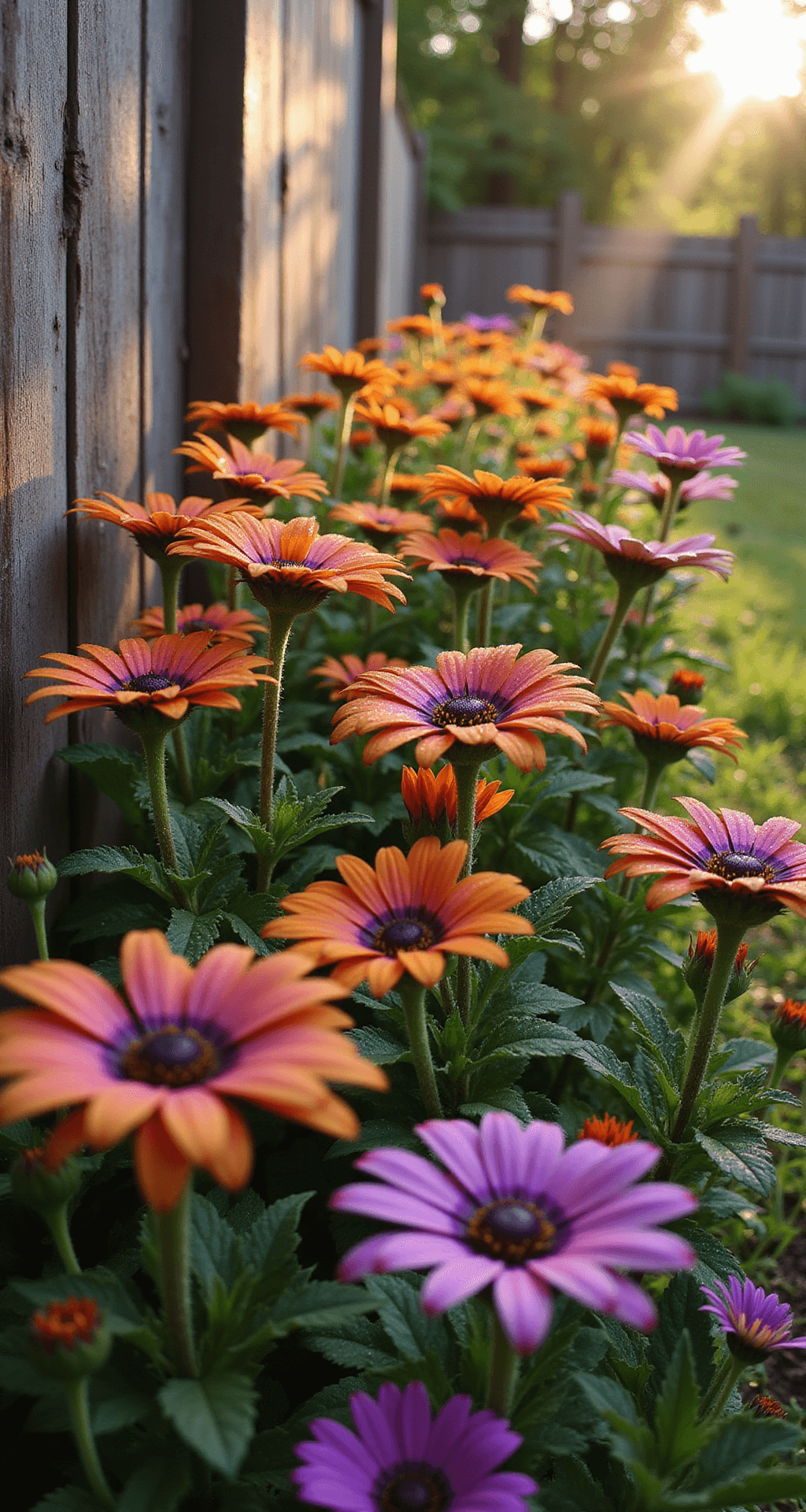 A morning garden scene showcasing a curved flower bed filled with African Daisies in gradient orange-to-purple bloom, captured at golden hour. Dew drops shimmer on the petals, with taller daisies against a weathered wooden fence creating depth. The background features soft bokeh, highlighting a vibrant color palette of burnt orange, deep purple, sunshine yellow, and emerald green foliage.