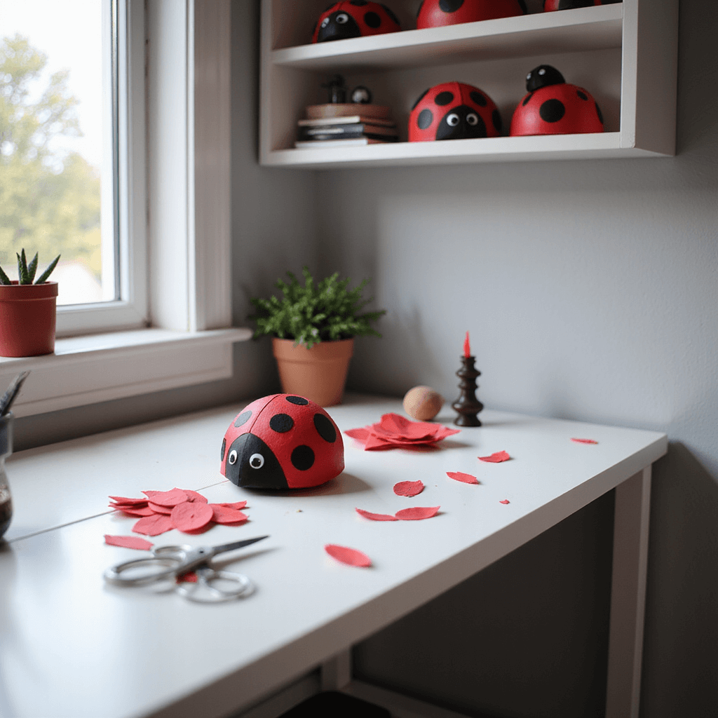 A cozy home office corner with a sleek white desk holding a 3D construction paper ladybug in progress, surrounded by red and black paper scraps. Minimalist gray and white decor features ladybug accents, with a floating shelf above displaying finished crafts. The low angle shot highlights the craft's 3D nature under soft afternoon sunlight, creating a serene atmosphere.