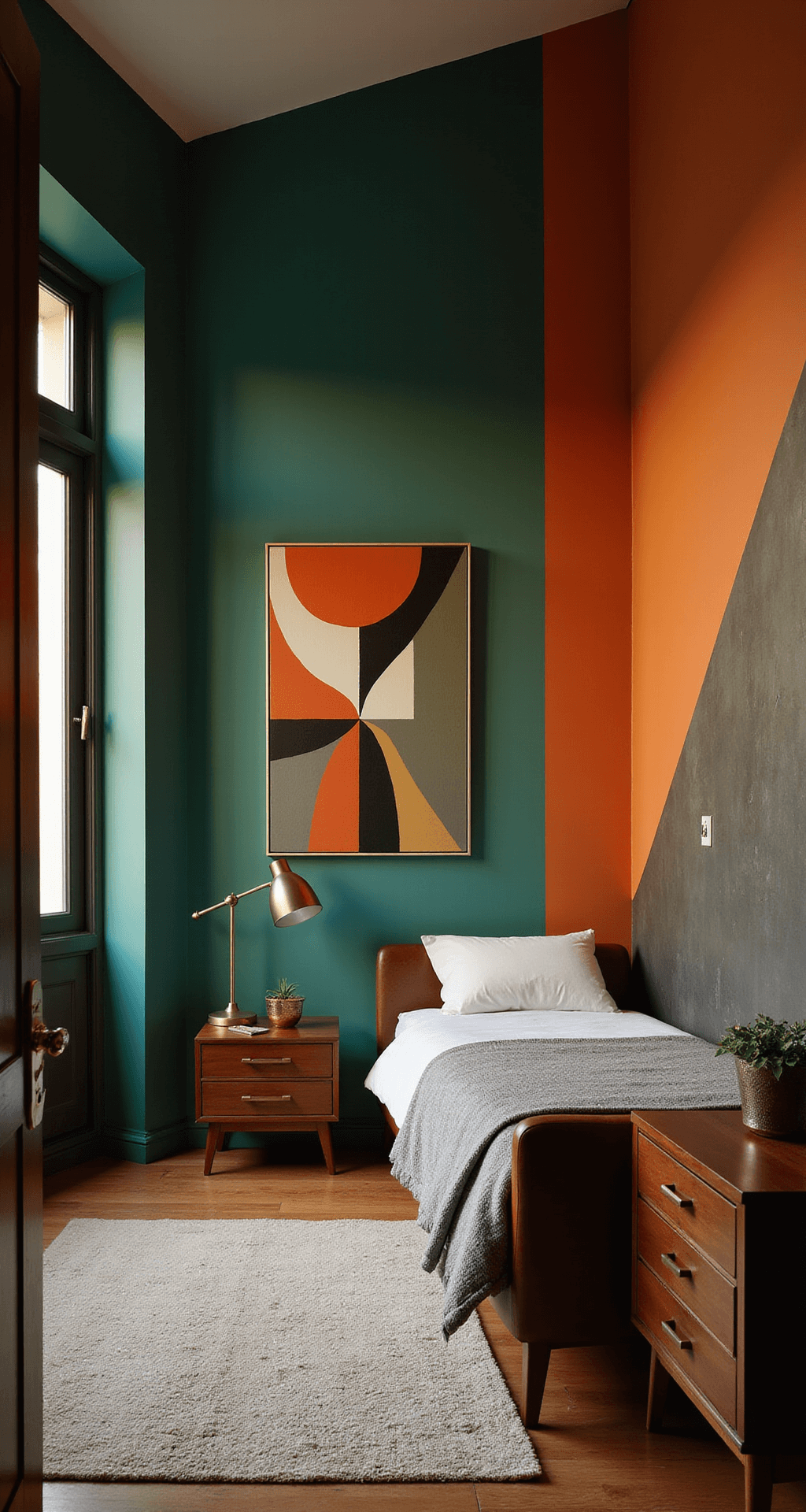 Contemporary primary bedroom at twilight with emerald green and burnt orange color-blocked walls, mid-century modern walnut furniture, metallic accents, and oversized abstract art, captured from an elevated position near the doorway with moody evening lighting.