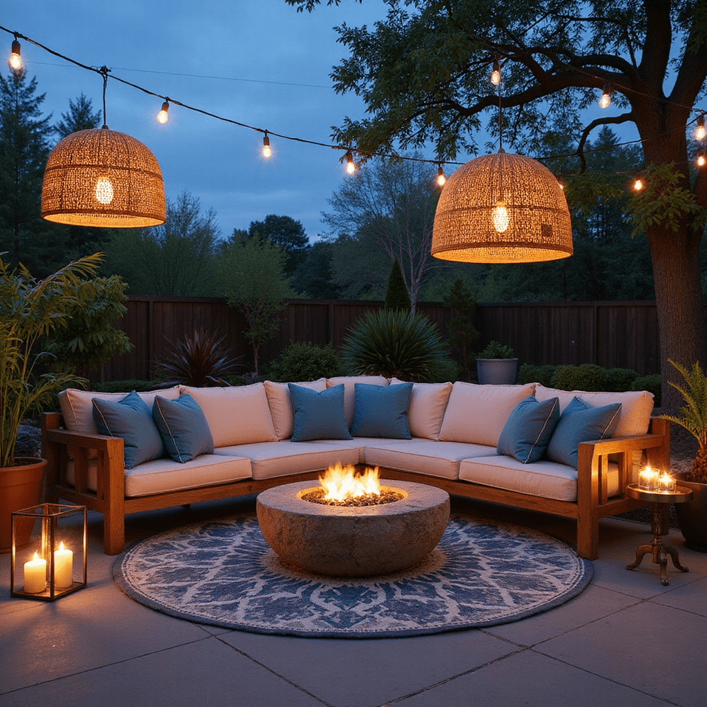 Intimate outdoor living space at twilight featuring a modular sectional in weathered teak, plush coastal blue cushions, woven pendant lights, natural stone fire pit, and layered geometric rugs, all highlighted by warm ambient light and soft bokeh landscaping.