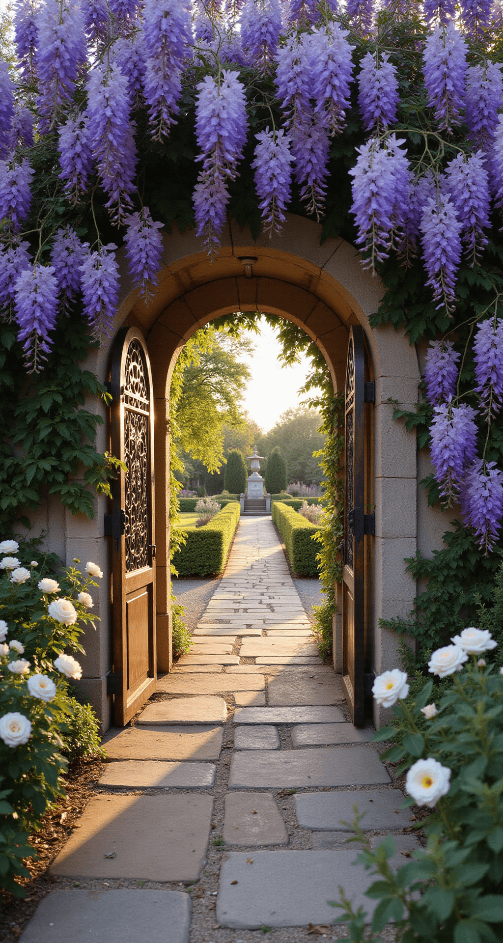 A wide stone archway covered in blooming purple wisteria leads to a weathered copper gate, framed by a natural flagstone path bordered by lavender and white roses, all bathed in warm golden light at sunset.