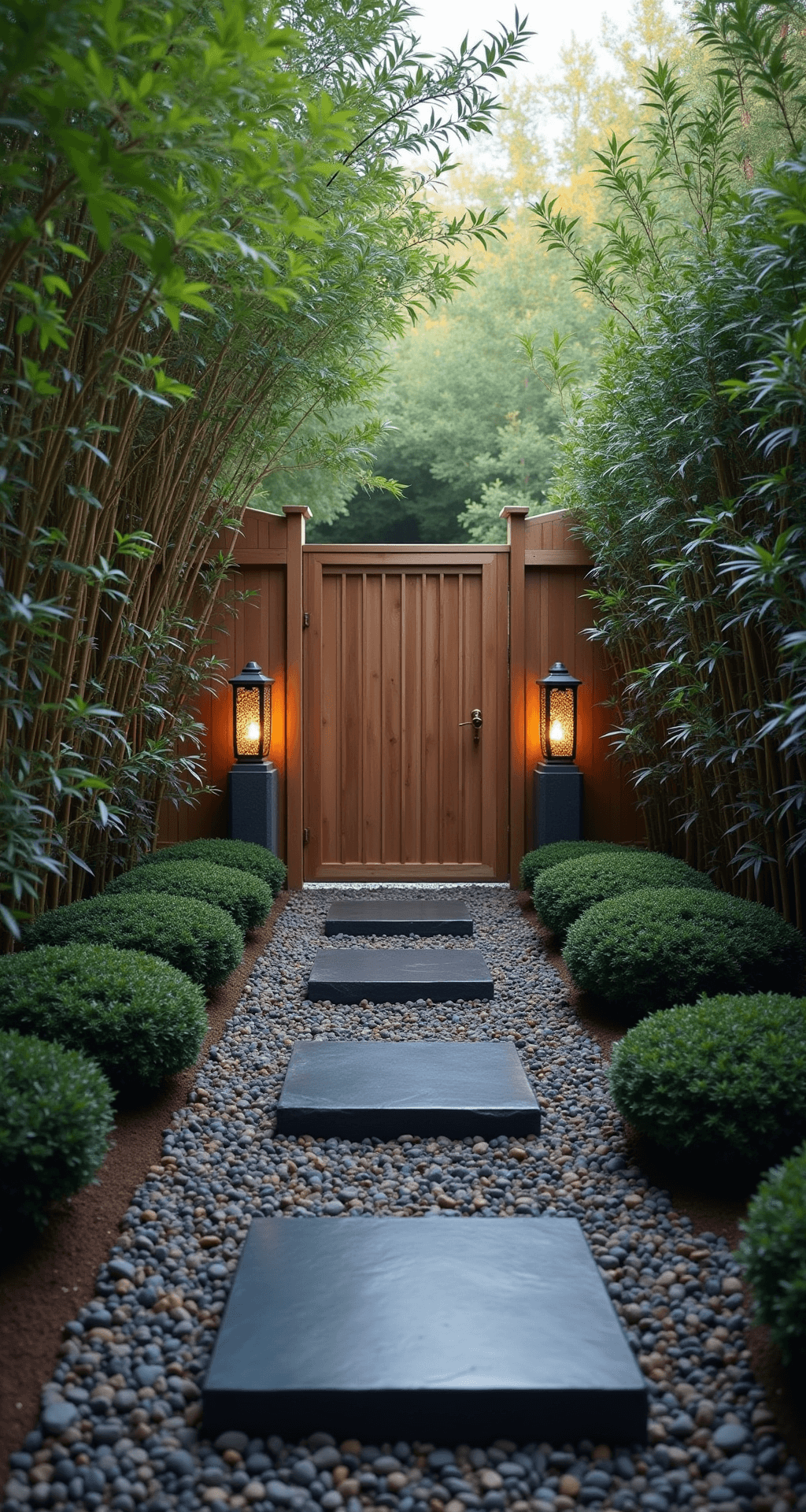 Intimate Japanese-inspired garden entrance at dawn featuring a narrow cedar gate, cloud-pruned boxwoods, and softly glowing stone lanterns amidst morning mist, with black slate stepping stones above raked gravel, framed by a bamboo grove.