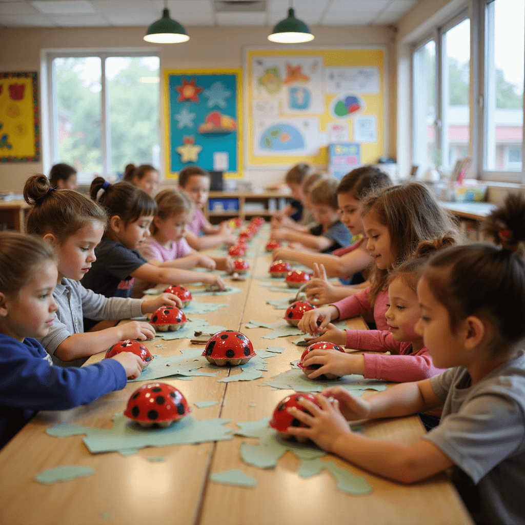 A bustling kindergarten classroom filled with children crafting egg carton ladybugs at U-shaped tables, bright walls decorated with artwork and alphabet charts, illuminated by natural light and warm overhead lighting.