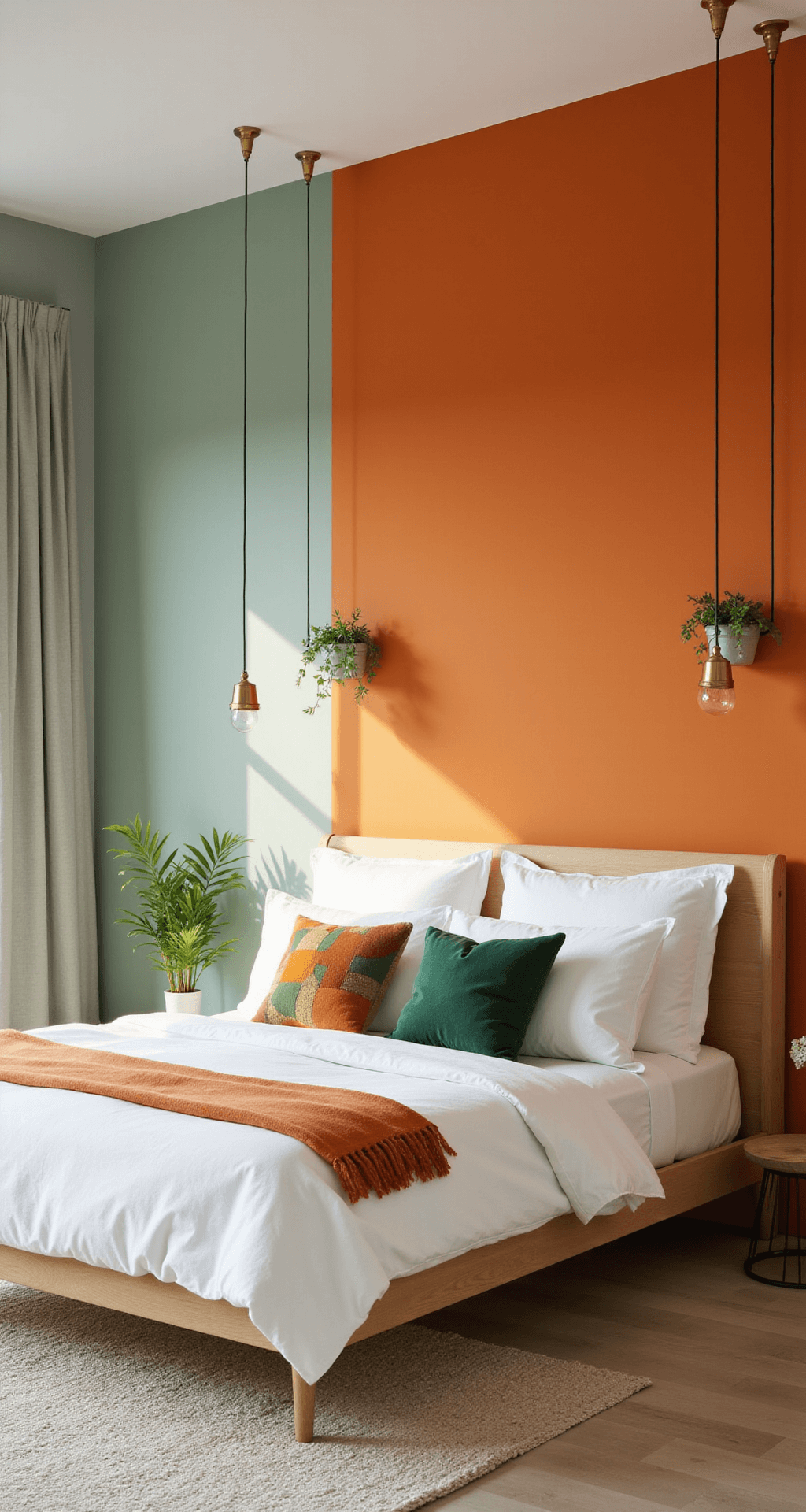 A minimalist bedroom featuring a vibrant orange statement wall and soft sage green walls, with a platform bed dressed in white linens and geometric accent pillows. Hanging plants and brass pendant lights enhance the modern decor, captured from a low angle to highlight the ceiling height and architectural details.