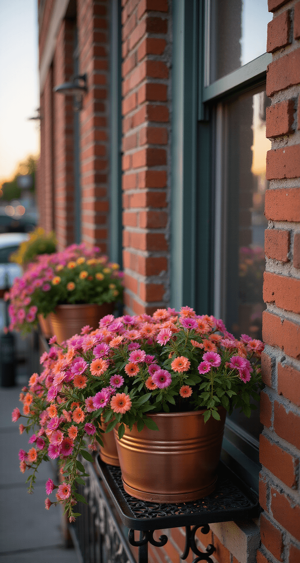 An intimate balcony garden at sunset featuring cascading Calibrachoa in copper-toned window boxes, with three vintage metal boxes overflowing with pink, orange, and yellow blooms, set against a weathered brick wall and wrought iron railings, softened by evening backlight.