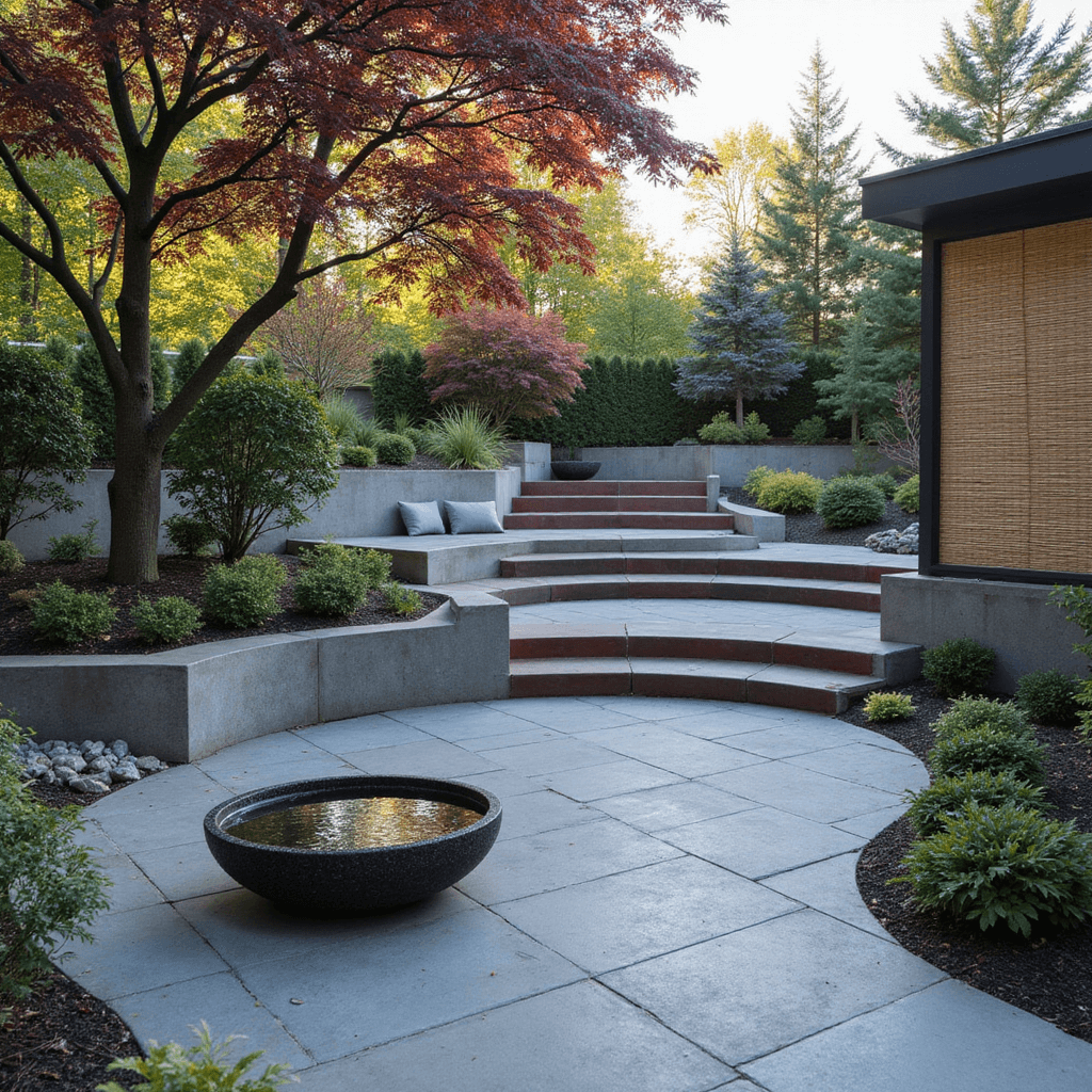 A serene Zen garden sanctuary featuring multi-level bluestone patios, curved corten steel steps, and a minimalist water feature, surrounded by deep burgundy Japanese maples and modern concrete benches, all captured in morning light with an ethereal mist.