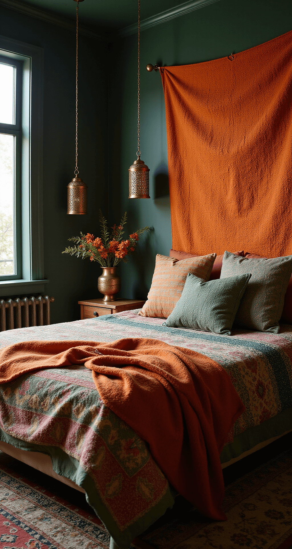 A cozy Bohemian-inspired bedroom at dusk, featuring deep forest green walls and a handwoven orange tapestry as a headboard, with layered textiles in orange and green patterns, and Moroccan-style brass lanterns casting intricate shadows.