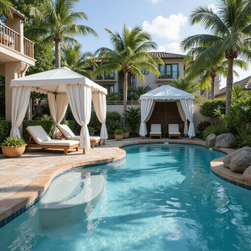 Aerial view of a luxurious resort-style pool area featuring an infinity edge pool with aqua mosaic tiles, white canvas cabanas, teak chaise lounges, tropical plants in oversized pottery, LED lighting in the decking, and hidden outdoor speakers, captured in bright mid-afternoon light.