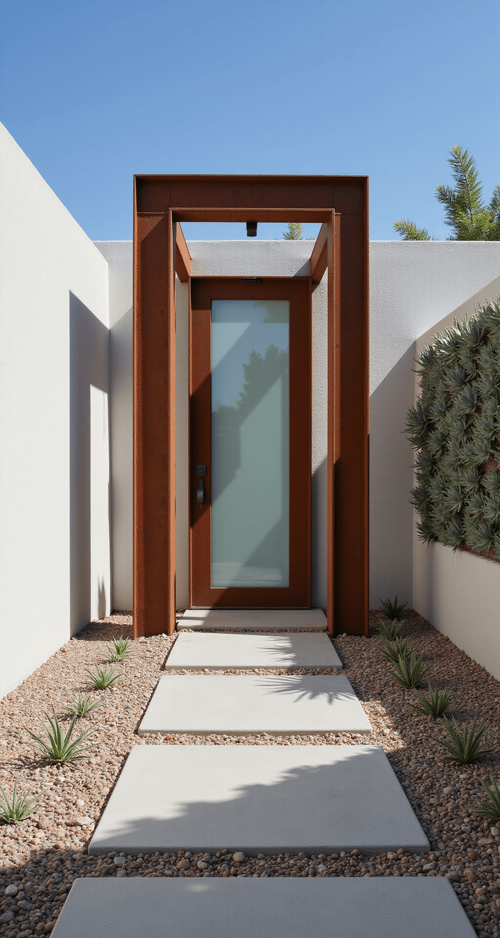 Modern minimalist garden entrance featuring a 7ft tall cor-ten steel frame with a floating glass panel gate, surrounded by linear concrete pavers set in Mexican beach pebbles. A vertical succulent garden adorns the right wall, casting dramatic geometric shadows in the midday light. The color palette includes rusty orange, cool greys, silver-green succulents, and bright white concrete, embodying contemporary desert modernism.