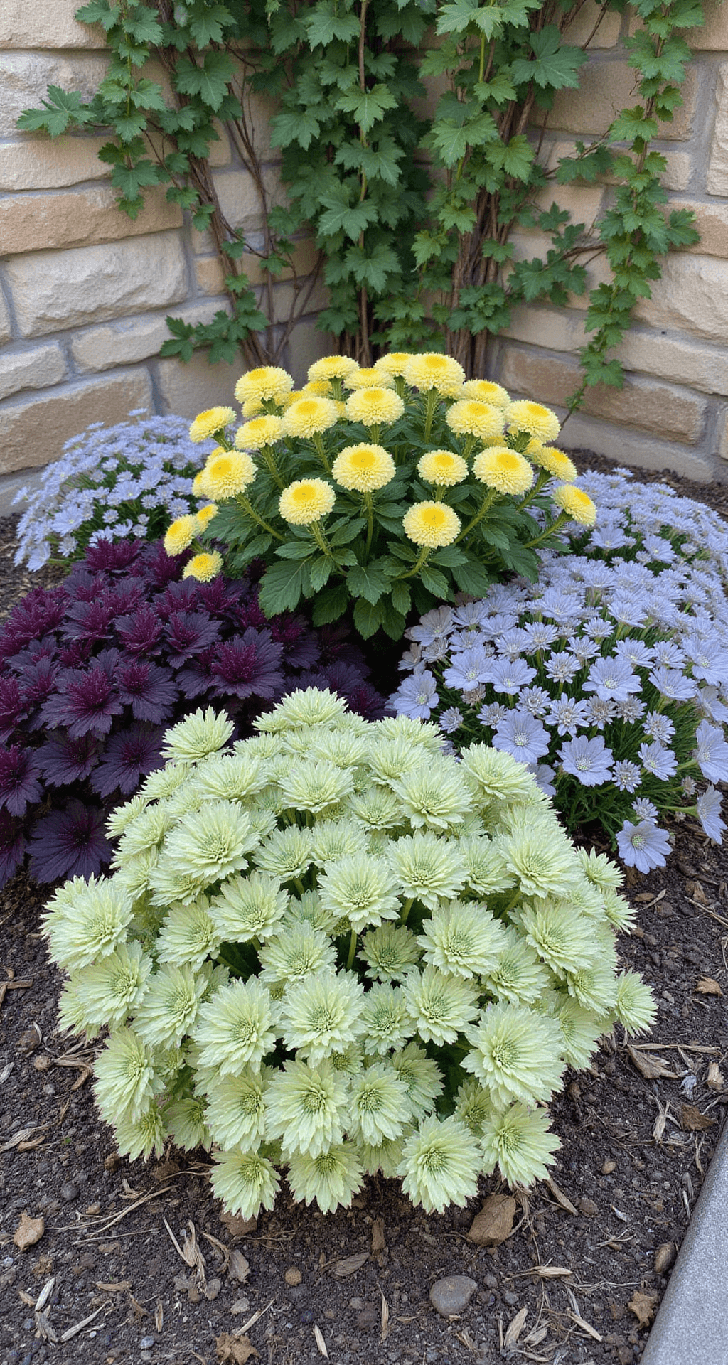 A serene garden corner with pale yellow Nemesia 'Lemon Mist' intermixed with deep purple ornamental kale against an aged stone wall, illuminated by late afternoon light. The composition features varying heights of flowers and foliage, with climbing ivy adding texture, all captured with a slight motion blur to convey the crisp autumn atmosphere.