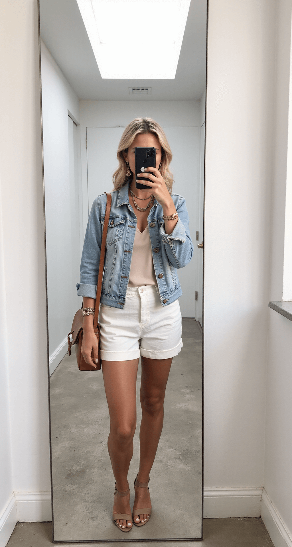 A bright dressing room with white walls features a floor-length mirror reflecting a summer outfit: a light denim jacket over a silk camisole and white linen shorts, accented by delicate necklaces and a structured leather crossbody, all illuminated by morning light from a skylight.