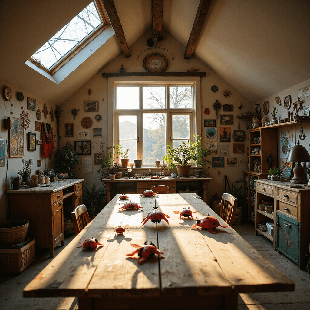 A whimsical craft studio filled with warm golden light, featuring slanted ceilings, a skylight, and a vintage wooden table where paper ladybugs with moving wings are being crafted, surrounded by eclectic decor and a wall of inspiration boards showcasing ladybug designs.