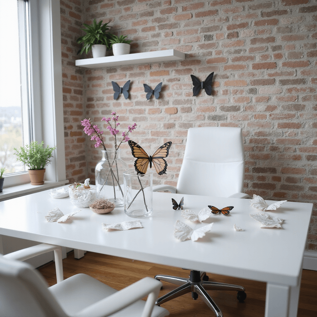 Modern minimalist home office with an eco-friendly butterfly crafting station; a white desk against an exposed brick wall displays neatly arranged paper towel butterflies in various stages of completion, alongside clear glass vases holding pipe cleaners and finished specimens, complemented by a sleek ergonomic chair and floating shelves with potted plants, all captured in diffused midday light.