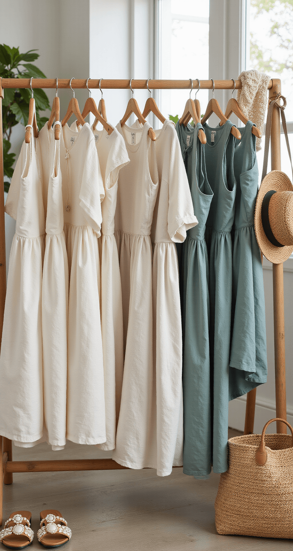 Interior of a beachside boutique featuring a natural fiber clothing rack adorned with curated summer pieces in ocean-inspired colors, including cotton dresses and linen tops. Afternoon light filters through the windows, illuminating a vignette of accessories such as a woven hat, shell-embellished sandals, and a rattan bag, with a macro focus on the textures of the fabrics.