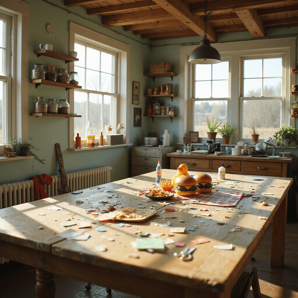 A warm, sunlit craft room featuring a large farmhouse table filled with colorful paper scraps and craft supplies, with exposed wooden beams and pale mint walls. Shelves hold mason jars of materials, while a partially completed paper duck scene with miniature food adds character.