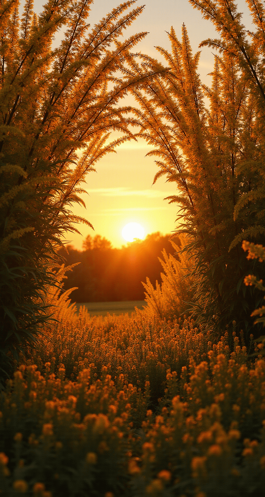 A dramatic sunset illuminates six-foot Goldenrod 'Fireworks' creating archways in a meadow garden, filled with golden blooms and Monarch butterflies, showcasing rich autumn colors of deep gold, bronze, and amber.