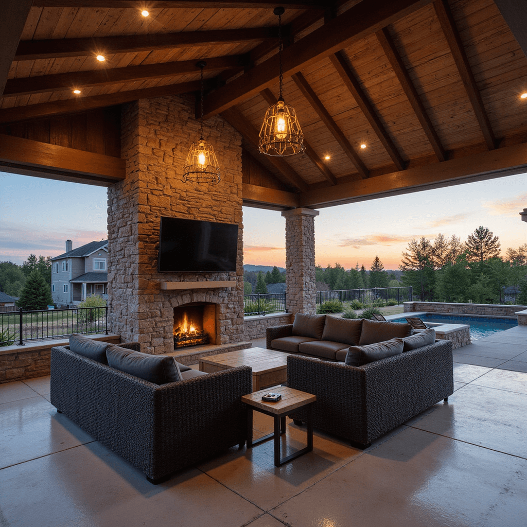 A sunset view of a 30x20ft entertainment pavilion featuring a vaulted ceiling with exposed beams, an outdoor TV above a stone fireplace, charcoal grey sectional seating, vintage industrial pendant lighting, retractable screens, and polished concrete flooring with LED strips, shot from a corner angle to highlight the architectural details.