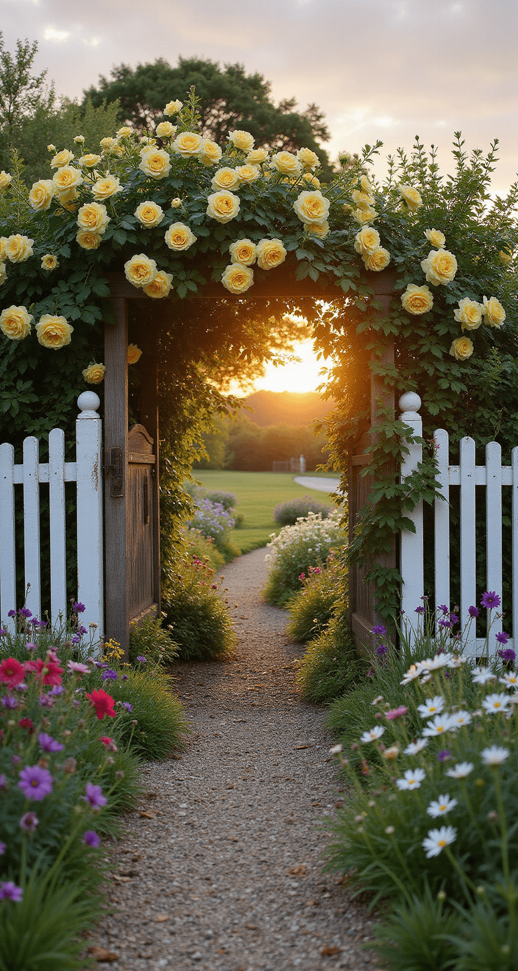 A charming cottage garden entrance at sunset, featuring a rustic wooden gate adorned with blooming yellow climbing roses. The scene includes a white picket fence, a gravel path flanked by colorful cottage flowers like delphiniums and foxgloves, and a warm golden glow illuminating the flowers from behind, captured from a ground-level perspective.