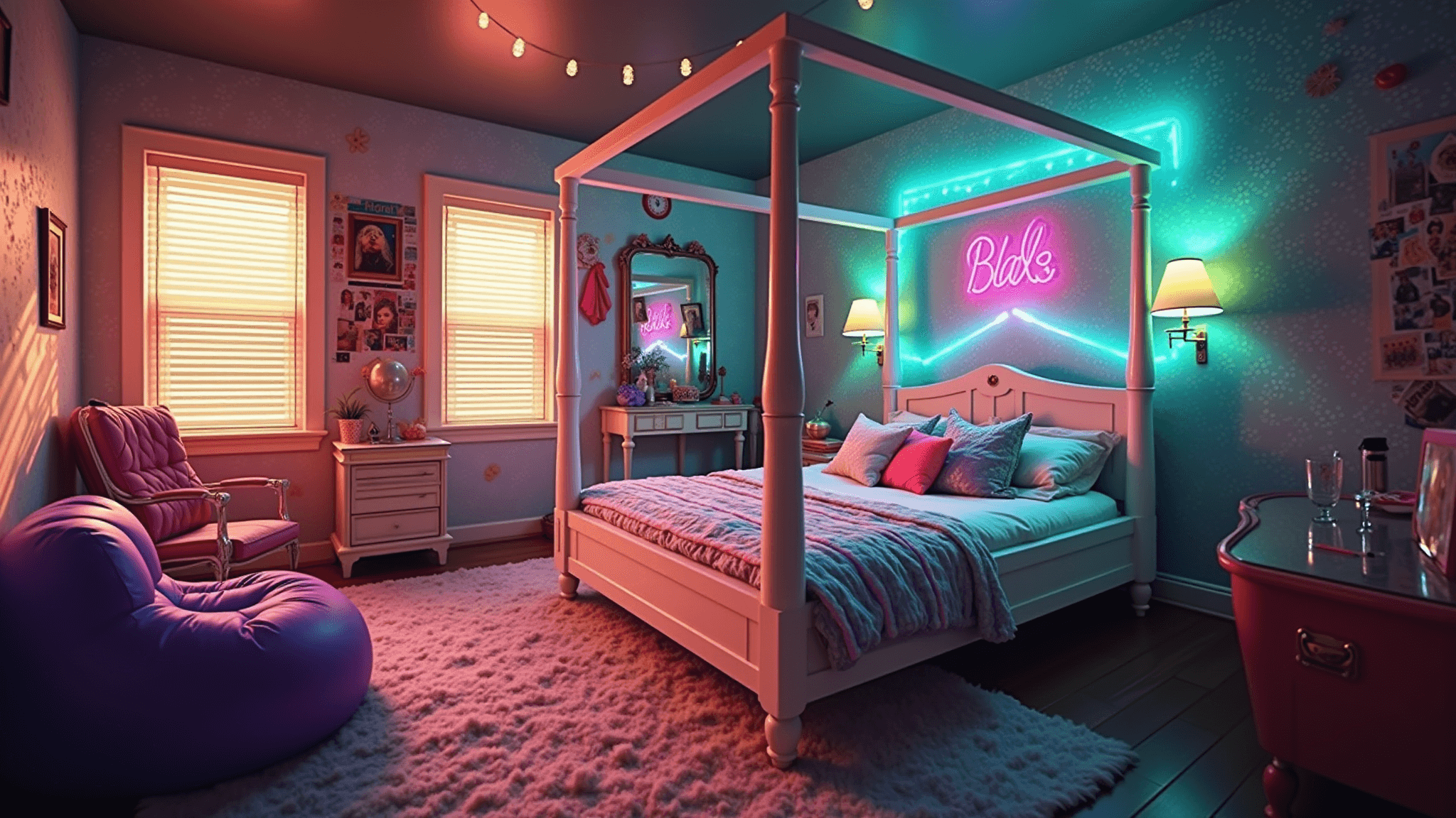 A vibrant 90s-themed bedroom featuring a white four-poster bed, colorful bean bags, neon art patterns, and lava lamps, illuminated by golden hour sunlight and neon lights, all captured in photorealistic detail.