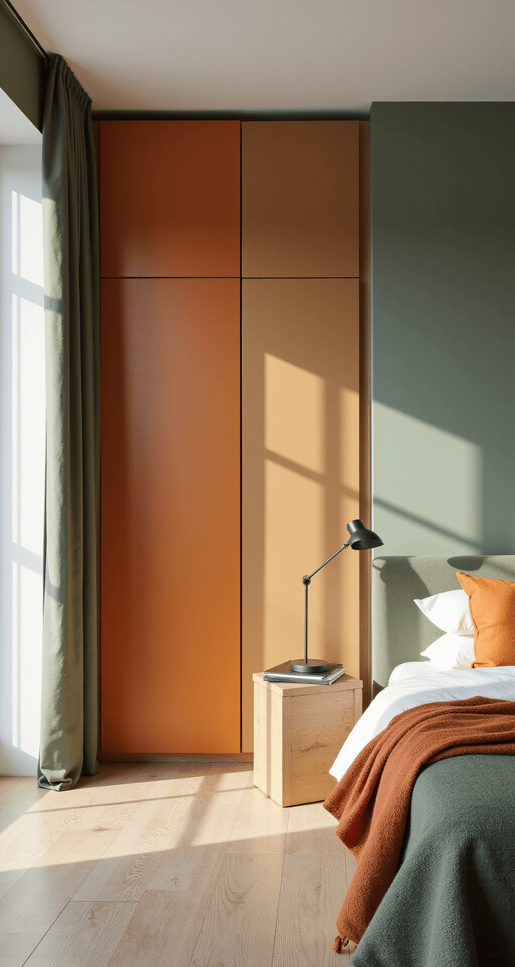 A serene Scandinavian-modern bedroom featuring sage green walls, an orange color-blocked storage unit, and light wood flooring, all bathed in morning light with minimalist furniture and warm textile accents.