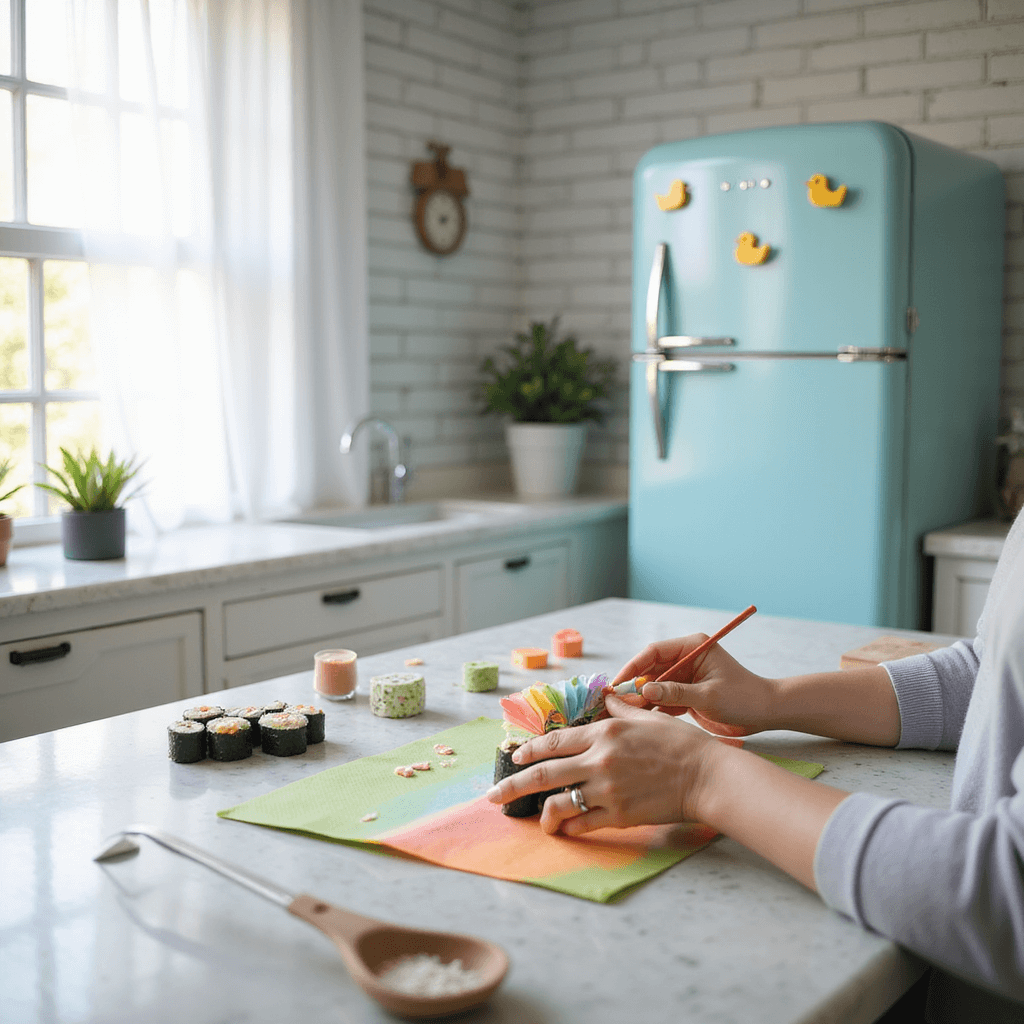A bright kitchen with white subway tile and marble countertops, featuring morning light filtering through sheer curtains. A DIY sushi-making station on a central island is arranged with colorful origami papers and tools. A vintage pastel blue fridge is adorned with paper duck magnets. Close-up of hands crafting a tiny rainbow sushi roll, highlighting a palette of crisp whites and vibrant hues.