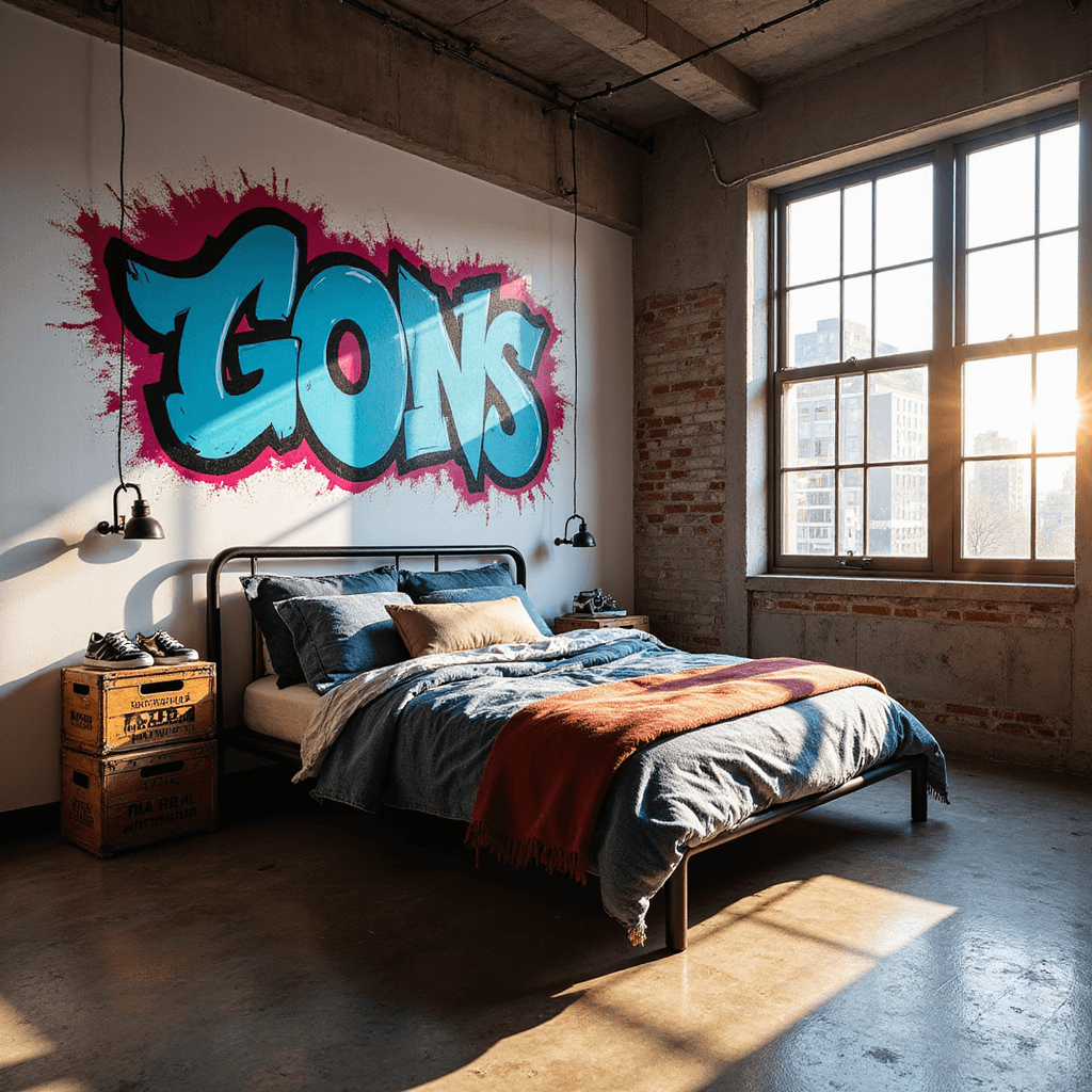 A stylish 12x14ft bedroom featuring a black metal platform bed in front of a vibrant graffiti mural, with golden hour sunlight streaming through industrial windows, vintage milk crates as bedside tables, and industrial pendant lights, all highlighting urban textures.
