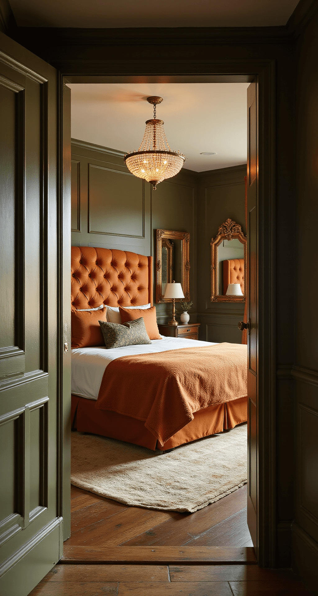 A luxurious 15x15ft bedroom featuring olive green paneled walls and a tufted orange leather headboard, illuminated by warm light from a crystal chandelier during golden hour. Elegant bedding in complementary hues contrasts with antique brass mirrors and modern art, captured from the doorway with a telephoto lens for a rich, detailed perspective.