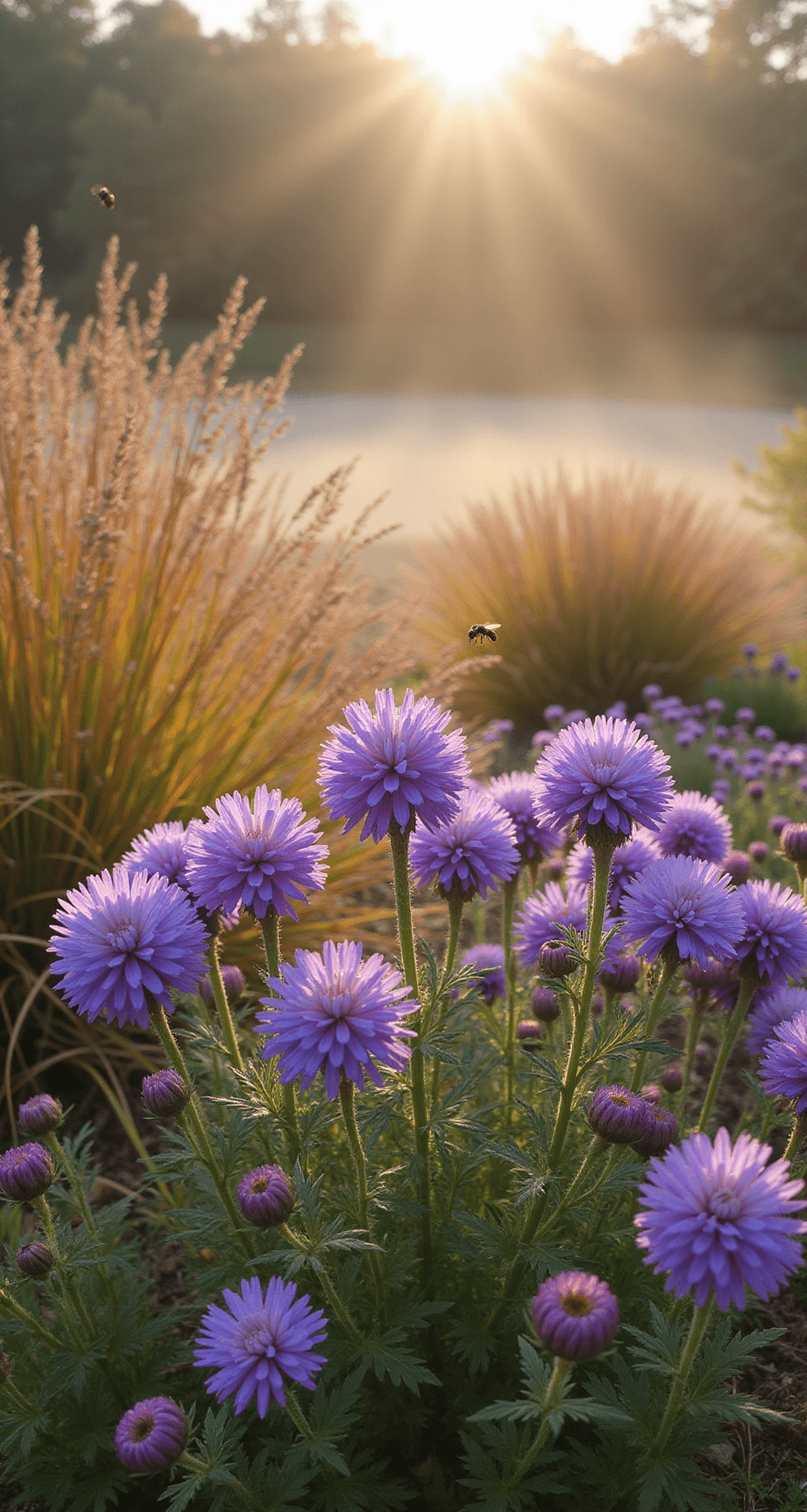 A wide-angle view of a native garden bed filled with New England Asters in vibrant bloom, showcasing deep purple and pale lavender, with native bees hovering around the 4-foot tall flowers. The scene features autumn prairie grasses in a copper hue, set in a misty morning light. Colors include royal purple, lavender, and rose pink, framed by wheat-colored grasses.