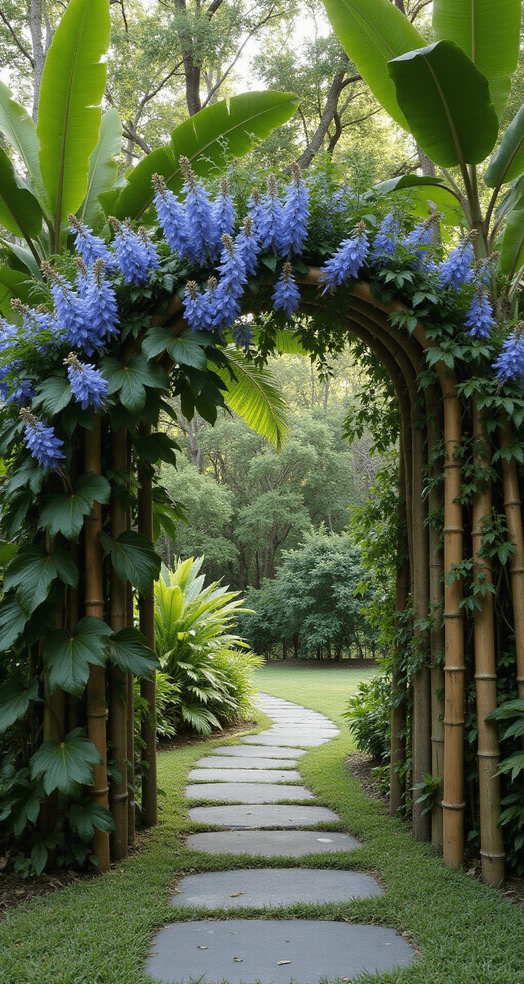 A tropical garden entrance featuring a tall bamboo archway draped in flowering Thunbergia grandiflora vines, framed by giant bird of paradise plants. The path consists of large irregular bluestone steppers set in lush mondo grass, captured from a corner angle to highlight depth and layering in bright light with deep shadows under the foliage. The scene is rich in deep greens and electric blue flowers against the dark charcoal stone.