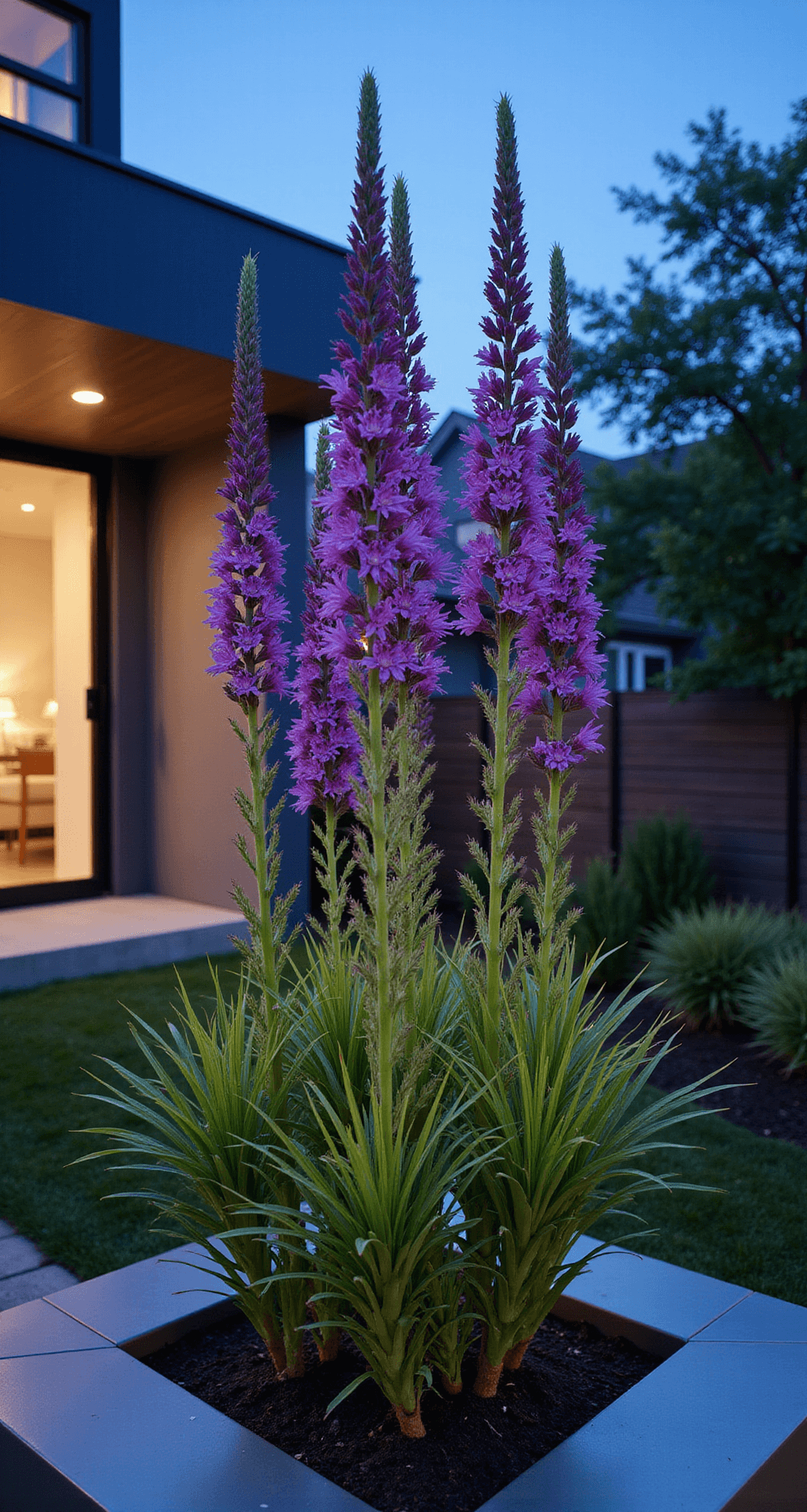 Dramatic vertical composition of purple Blazing Star spikes in a contemporary garden at blue hour, featuring geometric planting against steel planters, with pollinators captured in motion blur amidst a minimalist design of deep purple, brushed steel, and charcoal colors.